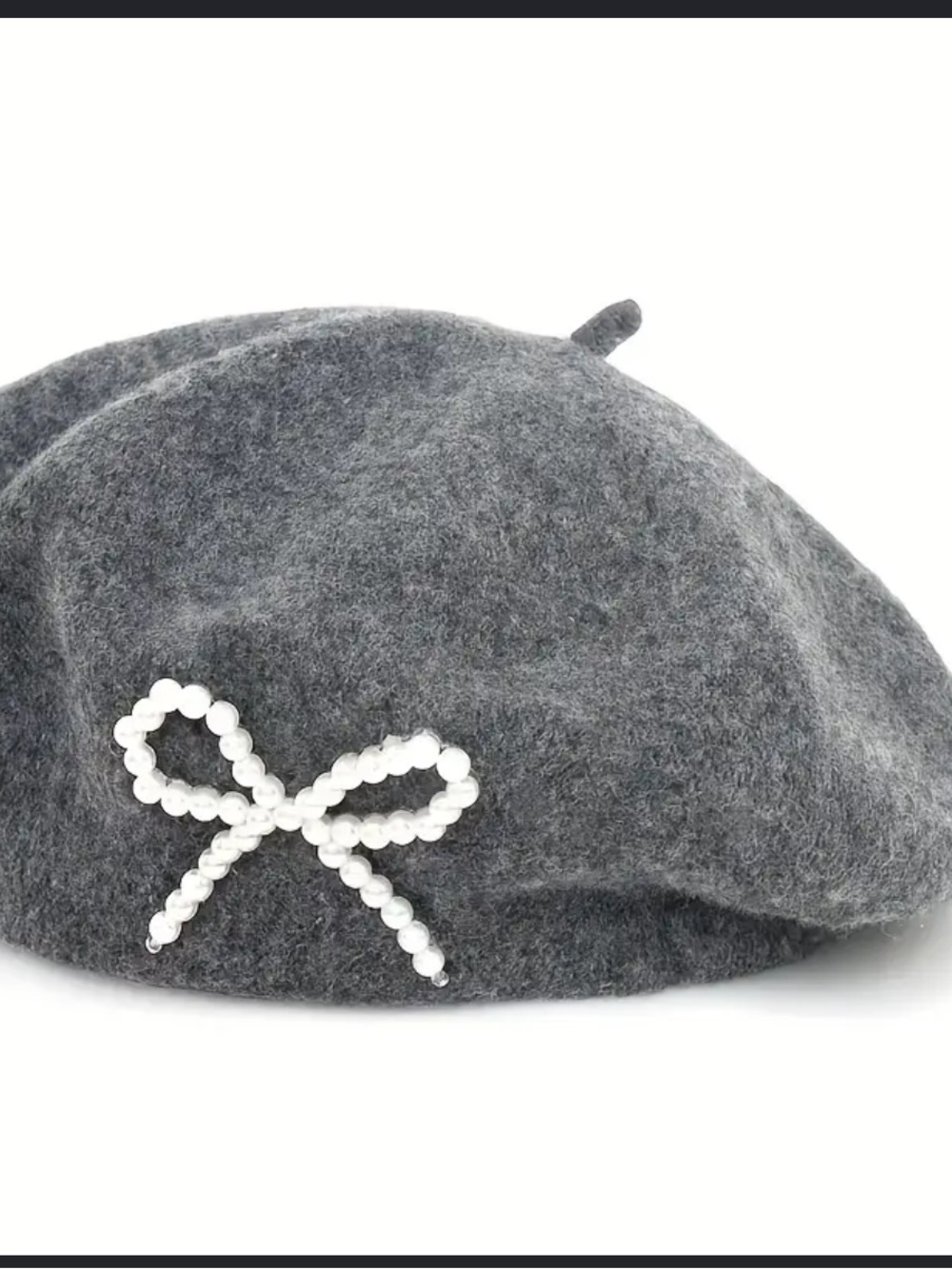 Wool Gray Beret with Pearl Bow Accent